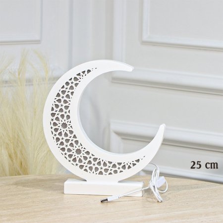 هلال رمضان خشب 25سم ابيض مزخرف USB اضاءة EL43/11-A =رم2 =رم3